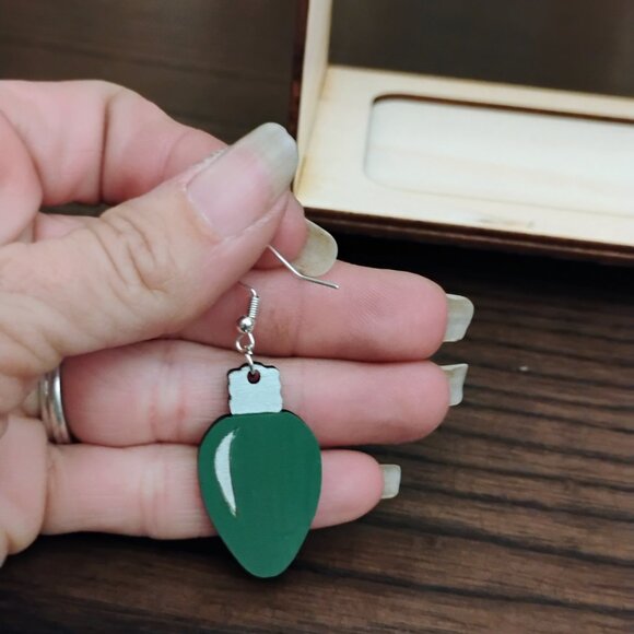 Green Christmas Light Dangle Earrings - Picture 3 of 5
